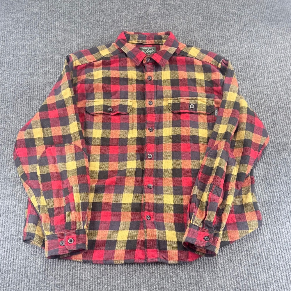 Woolrich Mens XL Flannel Shirt Red Yellow Black Plaid Herringbone Button Down